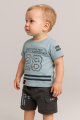 Varsity Champ Baby Boy 2-Piece Set in Sky colour – Athletic Print T-Shirt & Utility Shorts | Sporty Summer Outfit 