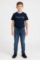 Kids' Washed Denim Stretch Jeans with Drawstring and Embroidered Details Blue colour