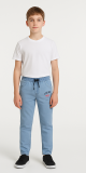  Light sky Denim Trousers with Elasticated Waist and Unique Pocket Details for Casual Comfort and Style.